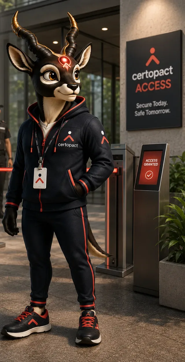 Veer, the Certopact Access mascot, at a secured building gate with a check-in kiosk