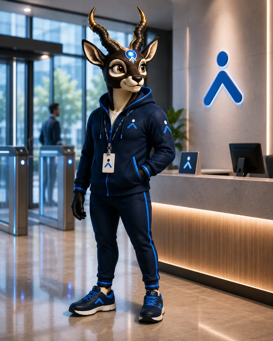 Veer, the Certopact Entry mascot, welcoming a visitor in a modern reception lobby