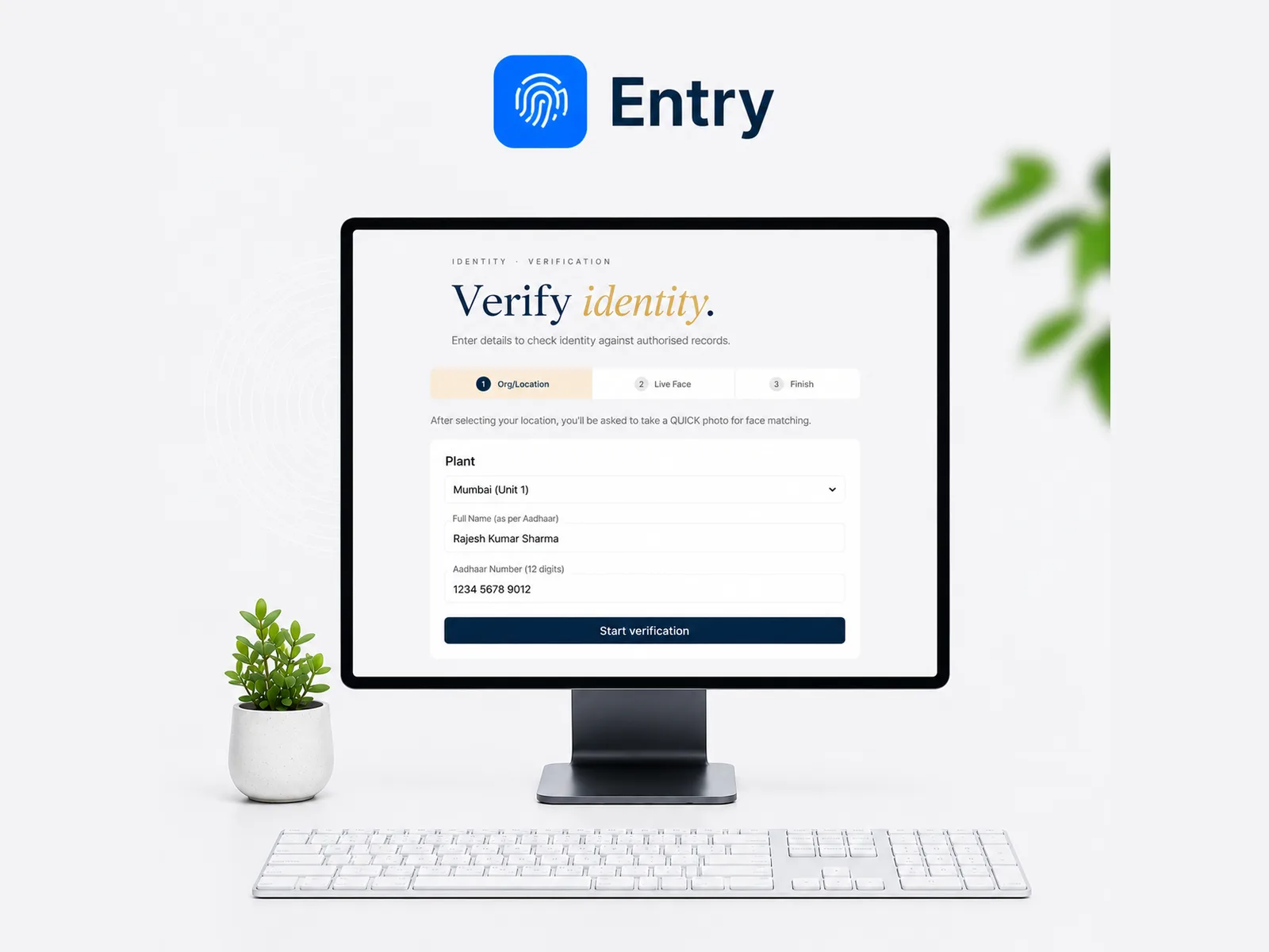 Certopact Entry identity verification screen with Aadhaar name match and Live Face